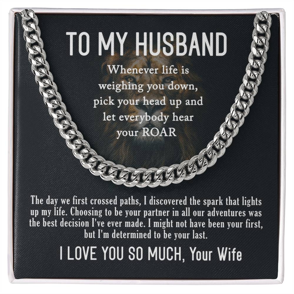 To My Husband- Hear your ROAR- Cuban Link Necklace (Gold/Stainless Steel)