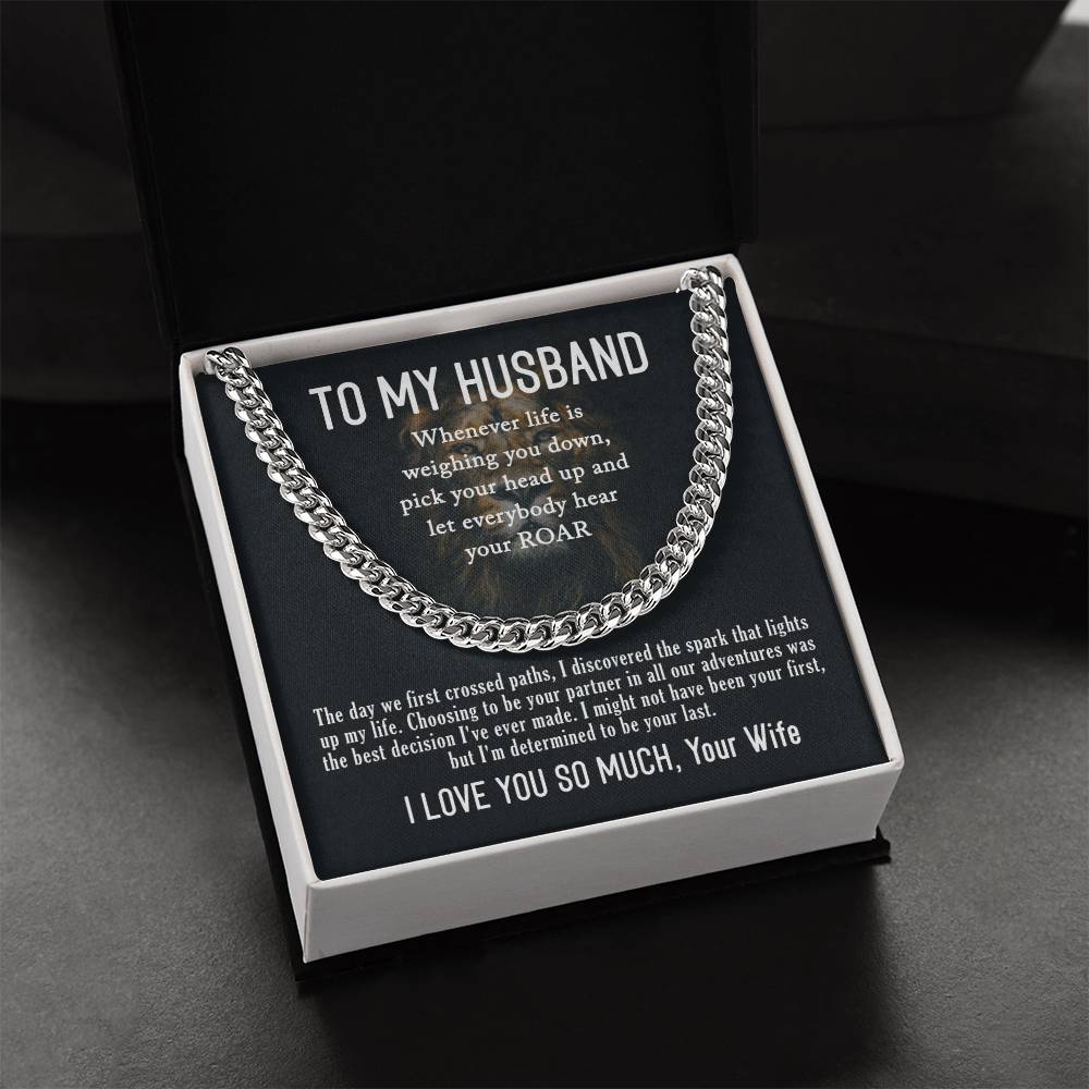 To My Husband- Hear your ROAR- Cuban Link Necklace (Gold/Stainless Steel)