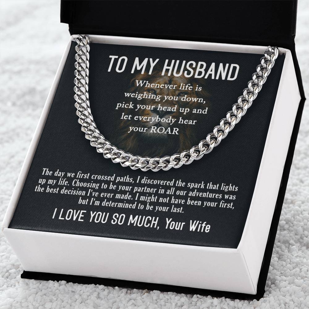 To My Husband- Hear your ROAR- Cuban Link Necklace (Gold/Stainless Steel)