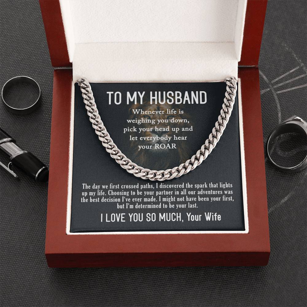 To My Husband- Hear your ROAR- Cuban Link Necklace (Gold/Stainless Steel)