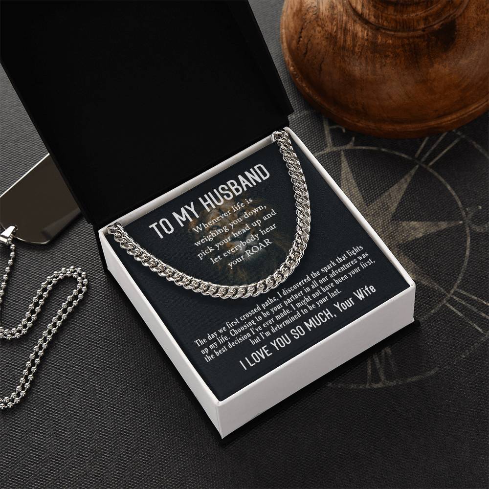 To My Husband- Hear your ROAR- Cuban Link Necklace (Gold/Stainless Steel)