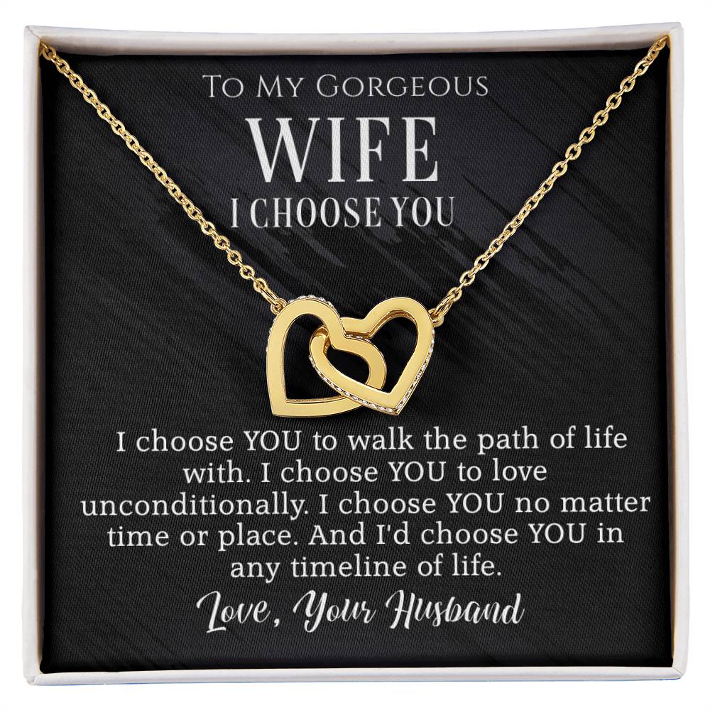 To My Wife- I Choose you- Interlocking heart necklace (Yellow Gold/Polished Stainless-Rose Gold)